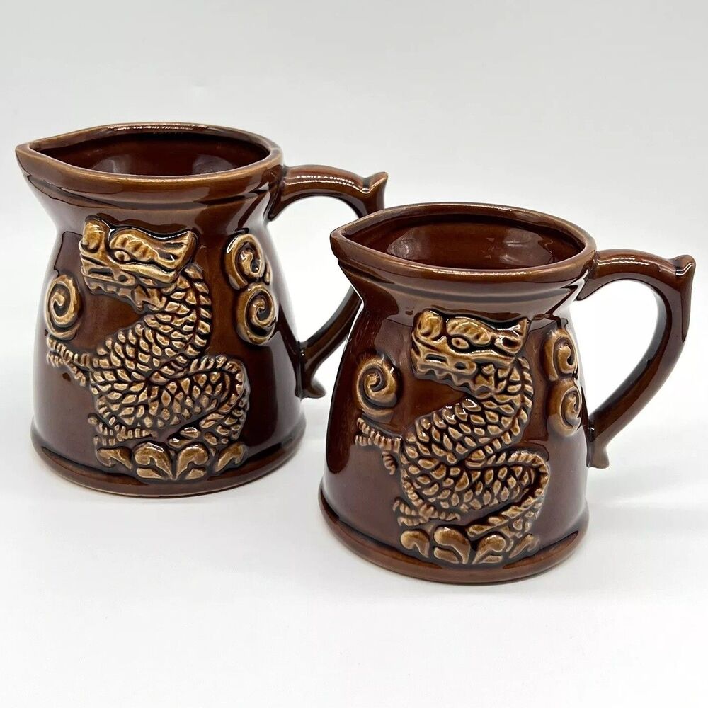 Vintage Brown Drip Glaze Ceramic Dragon Creamer Set Measuring 1 & 1/2 Cup Japan